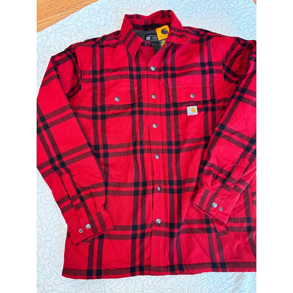 Carhartt Mens Relaxed Fit Flannel Sherpa-Lined Shirt Jacket Plaid Size Large
